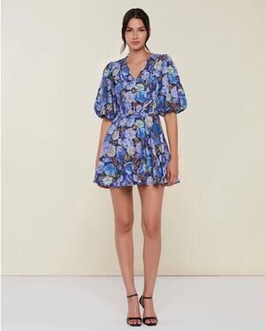 Rachel Parcell Floral Linen Blend V-Neck Puff Sleeve Mini Dress size 14